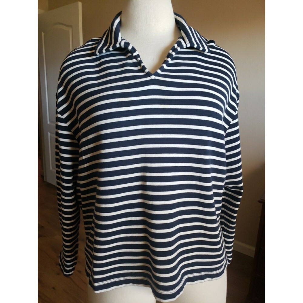 Duluth Trading Co. Top Womens Size XL Blue Striped Comfy Nautical Polo Pullover